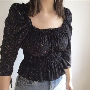 🌈Topshop Black Smocked Peplum Speckle Print Blouse – Size 4